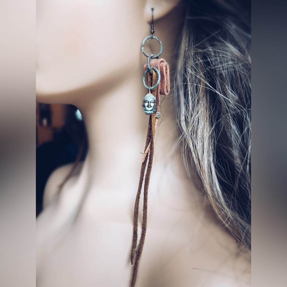 OOAK Buddha Rustic Reclaimed Leather Dangle Earrings - Upcycled Fry Boot Leather